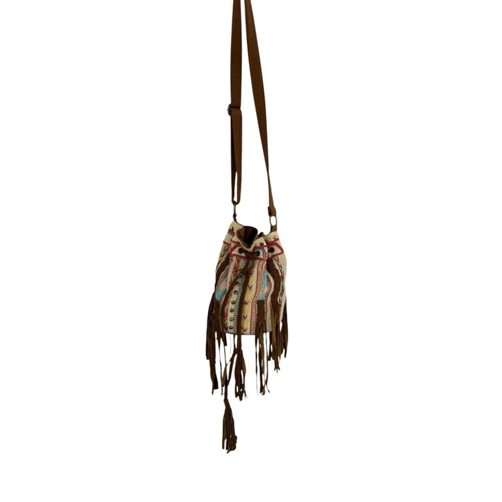 Urban Outfitters Crossbody Bucket Bag trendy Tassel Tribal Ecote beaded braid - Picture 6 of 7